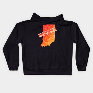 Colorful mandala art map of Indiana with text in red and orange Kids Hoodie